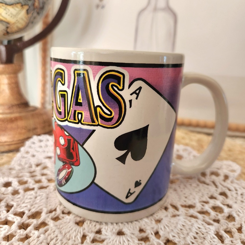 Vintage Las Vegas Souvenir Coffee Mug RSI Casino Cards Dice Poker Chips Retro